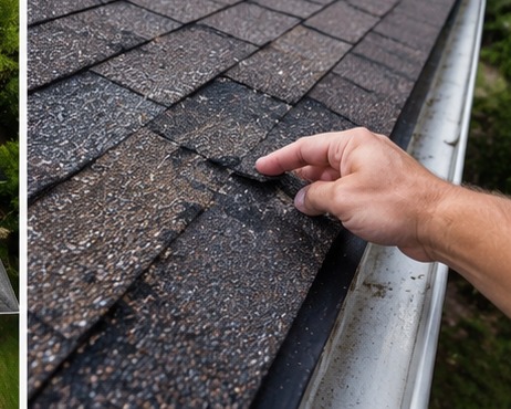 Granule loss debris in roof gutter