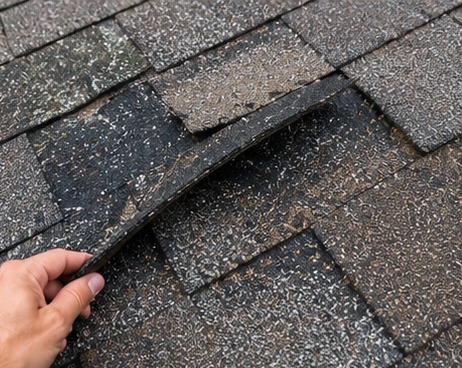 Wind-lifted shingle exposing roof underlayment